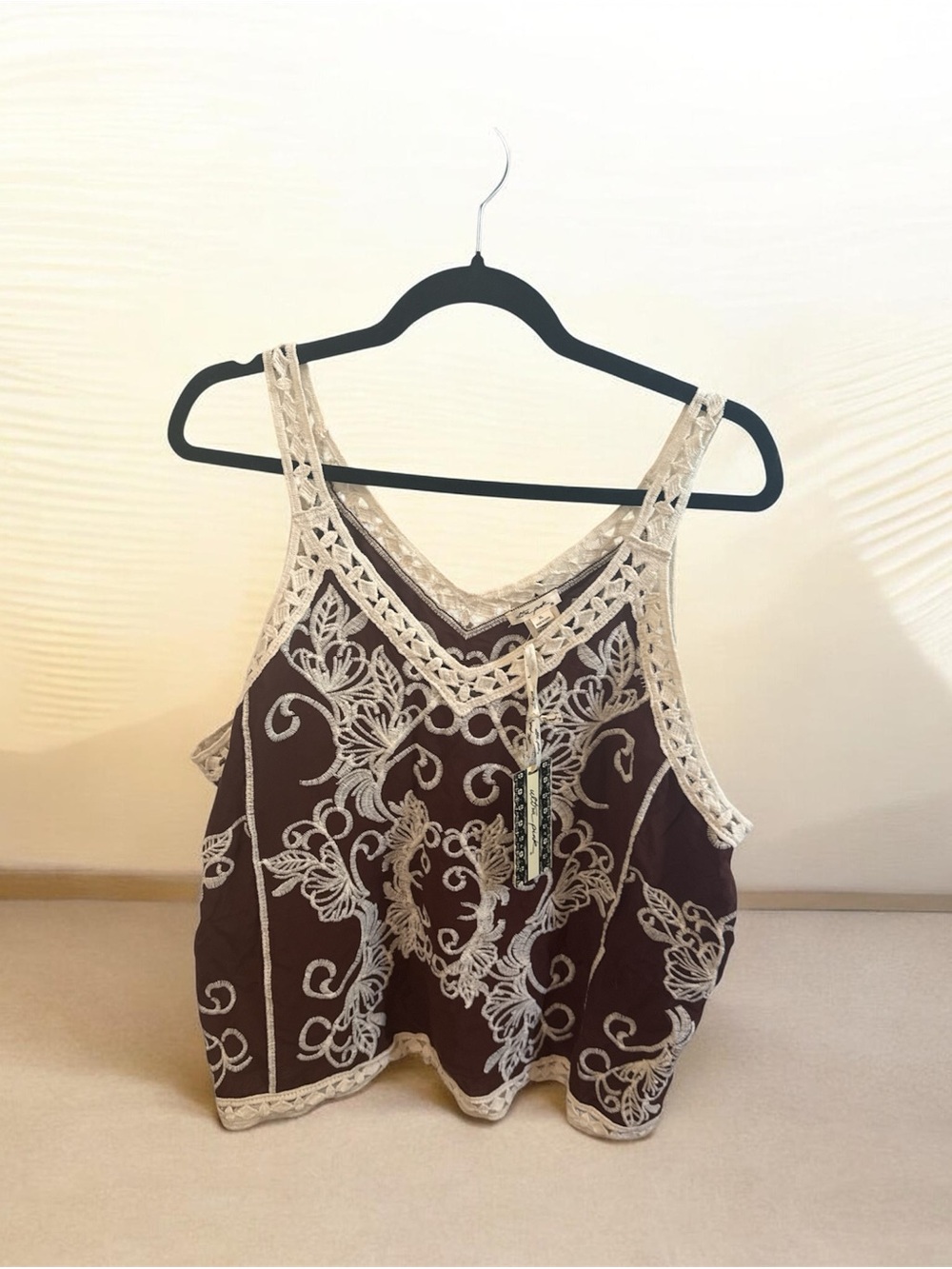 Ultra Pink Brown Tank Top with Cream Embroidered Lace